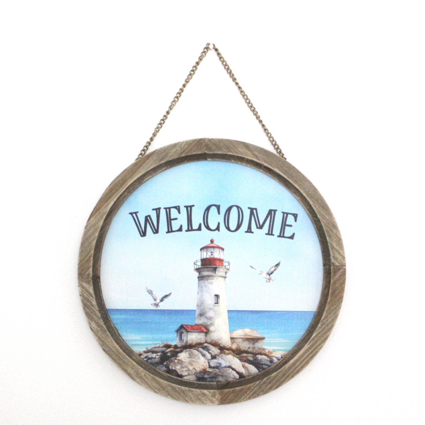 Lighthouse "Welcome" Round Wood Framed Artwork