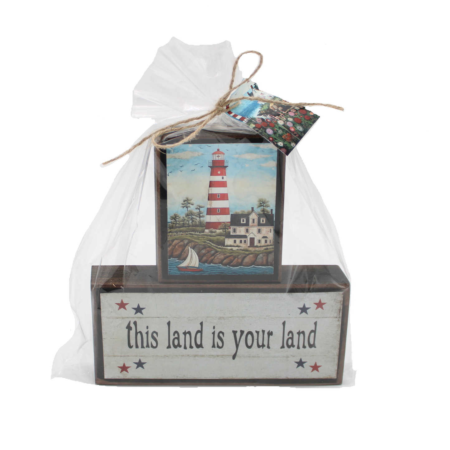 Shelf Sitter "This Land Is Your Land" Solid Wood Block Print Gift Set