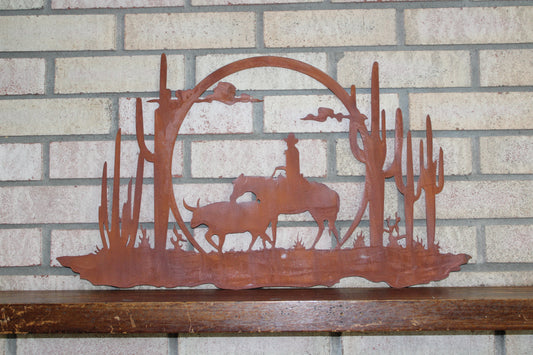 Cowboy Sunrise Rustic Metal Wall Art Ranch Sign