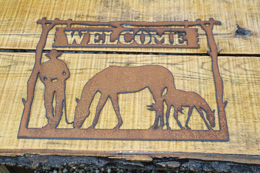 Cowboy Western Rustic Metal Wall Art Welcome Sign