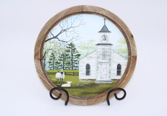 Church Scene Round Wood Framed Artwork