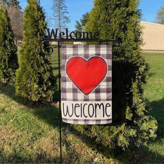 Wrought Iron Garden Flag Stand with Welcome Sign Top