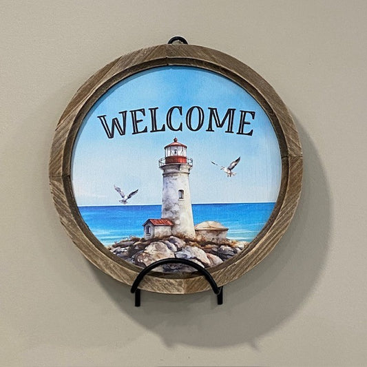 Lighthouse "Welcome" Round Wood Framed Artwork