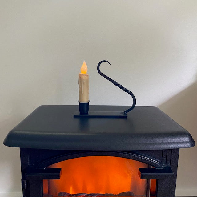 Primitive Iron Taper Candle Holder with Curved Handle