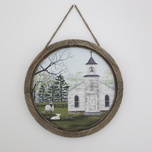 Church Scene Round Wood Framed Artwork