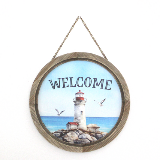 Lighthouse "Welcome" Round Wood Framed Artwork