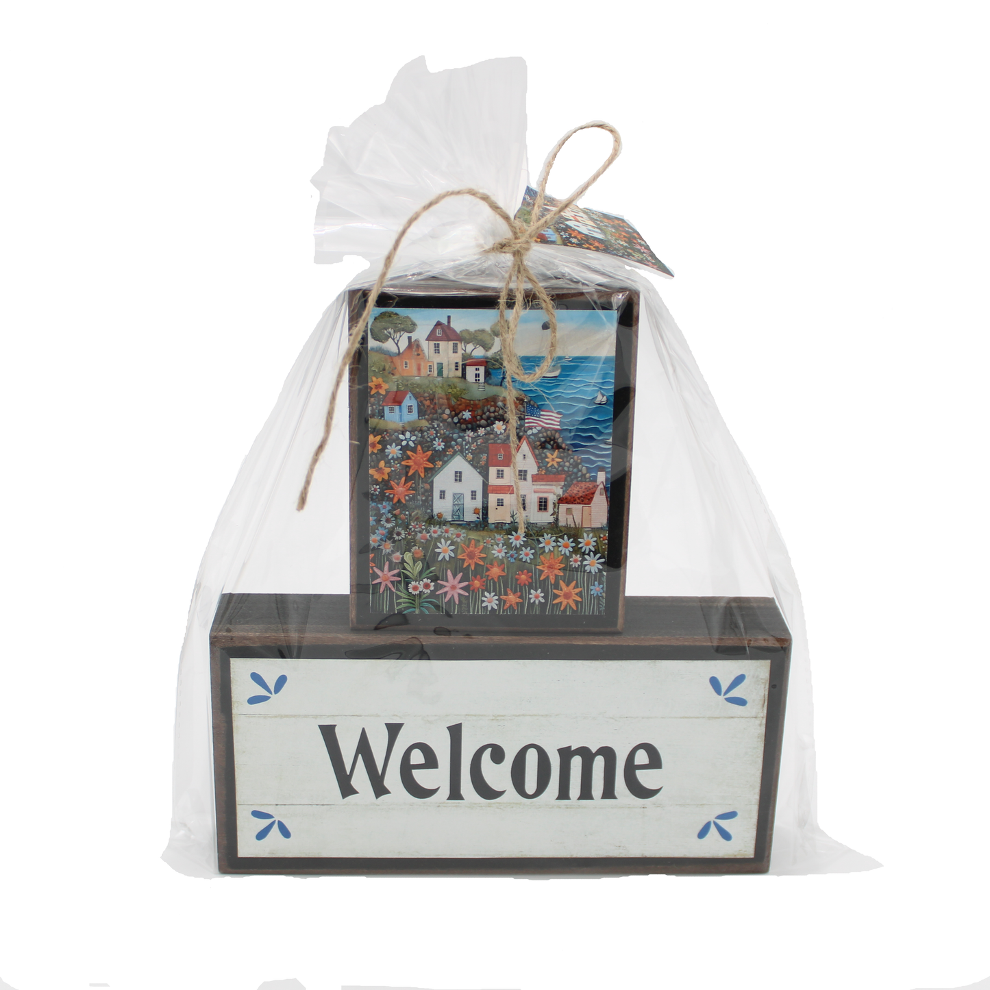 Shelf Sitter "Welcome" Solid Wood Block Print Gift Set
