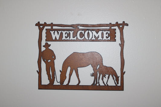 Cowboy Western Rustic Metal Wall Art Welcome Sign