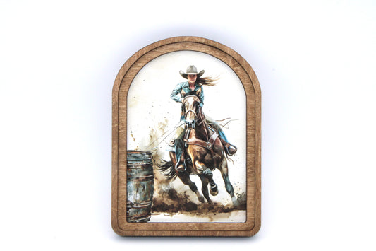 Female Barrel Racer Rodeo Arch Top Framed Artwork
