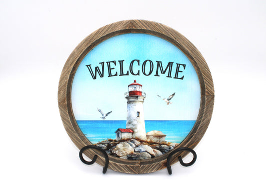 Lighthouse "Welcome" Round Wood Framed Artwork