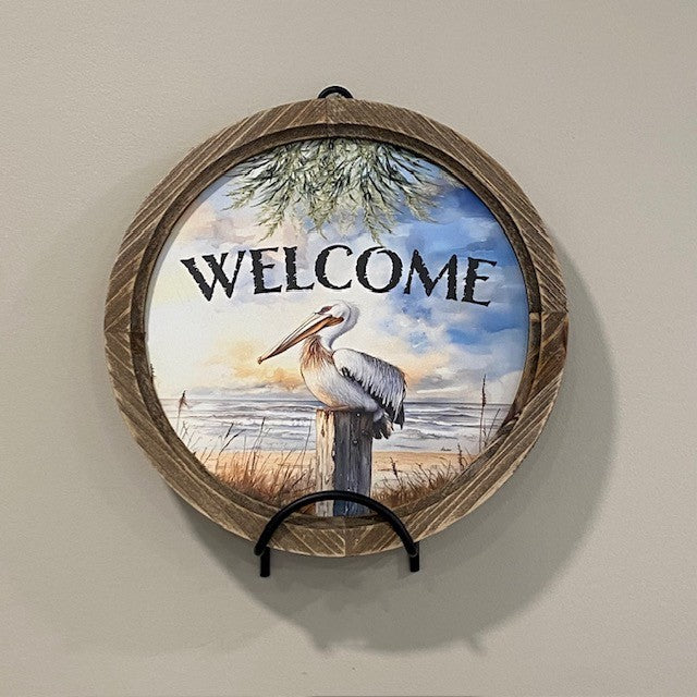 Pelican "Welcome" Round Wood Framed Artwork