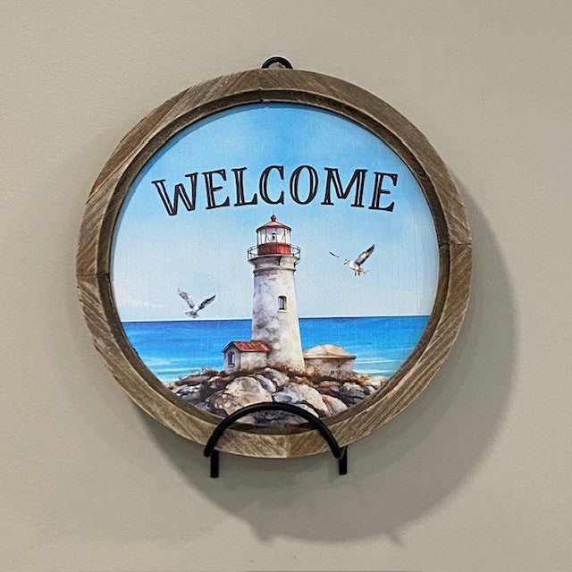 Lighthouse "Welcome" Round Wood Framed Artwork