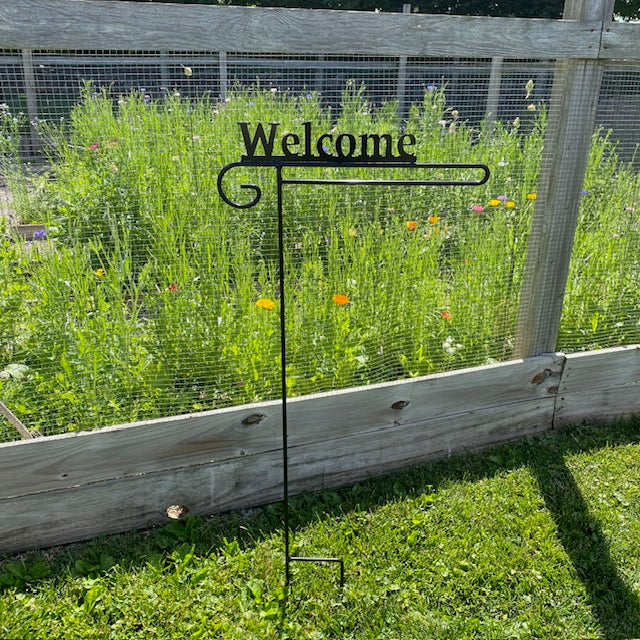 Wrought Iron Garden Flag Stand with Welcome Sign Top