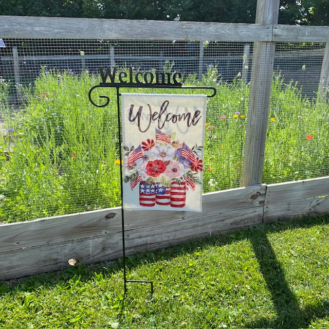 Wrought Iron Garden Flag Stand with Welcome Sign Top