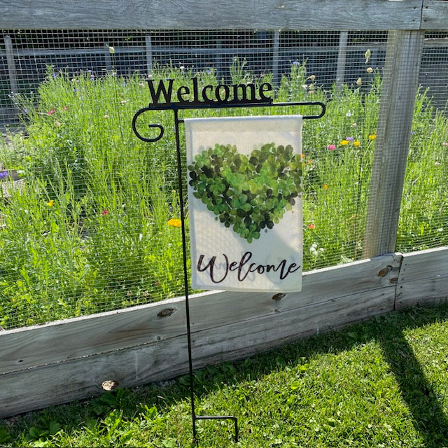 Wrought Iron Garden Flag Stand with Welcome Sign Top