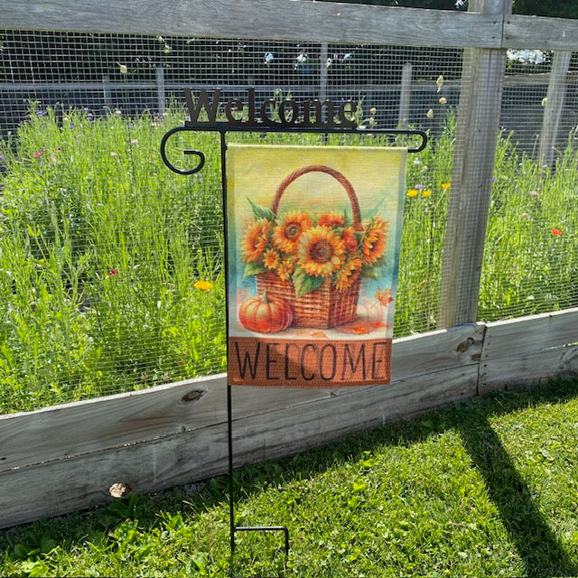 Wrought Iron Garden Flag Stand with Welcome Sign Top