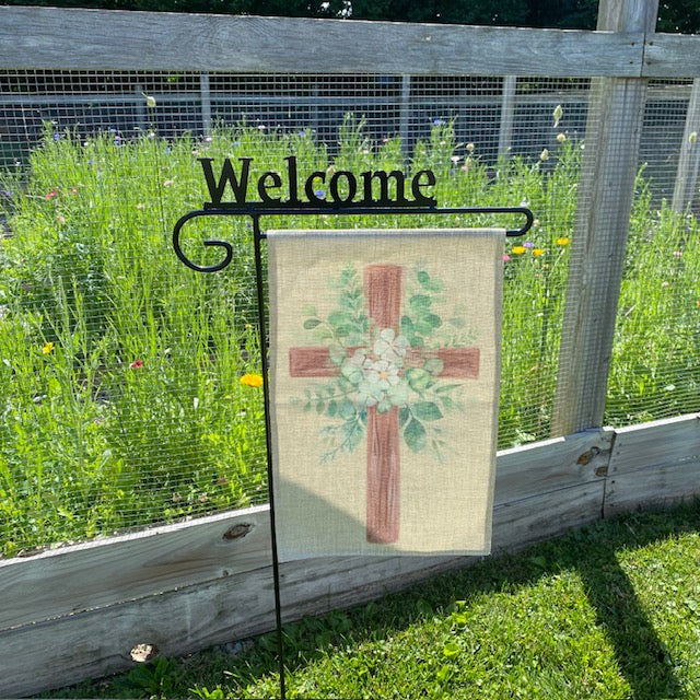 Wrought Iron Garden Flag Stand with Welcome Sign Top
