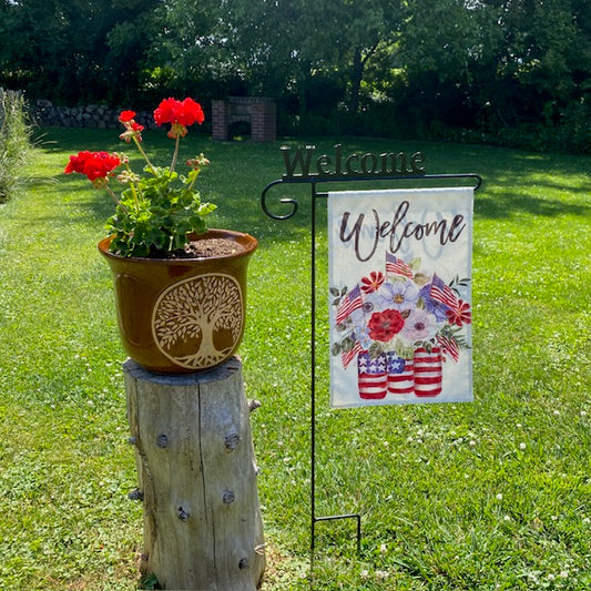 Wrought Iron Garden Flag Stand with Welcome Sign Top