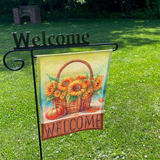 Wrought Iron Garden Flag Stand with Welcome Sign Top