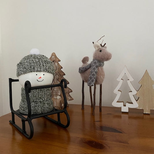 Snowman Wood Shelf Sitter with Wool Sweater and Hat