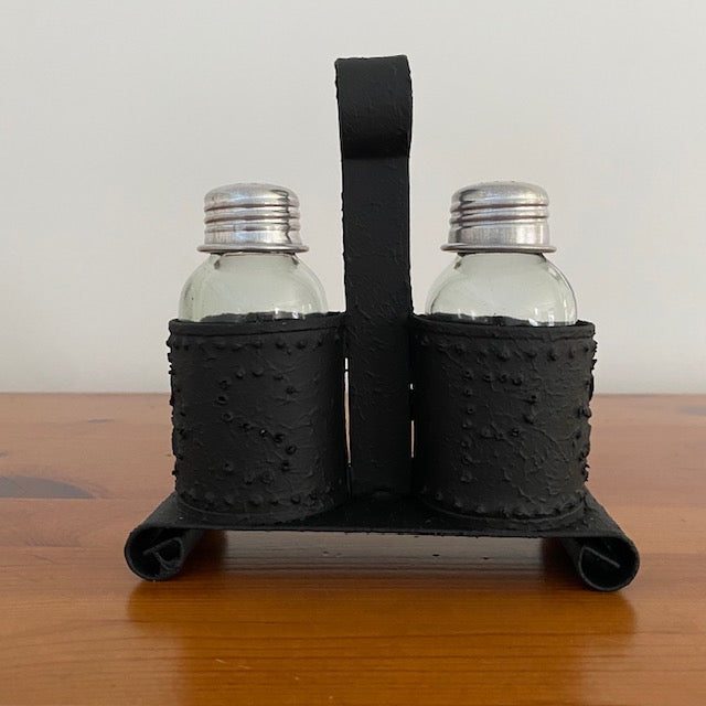 Primitive Style Punched Tin Salt and Pepper Shaker Holder