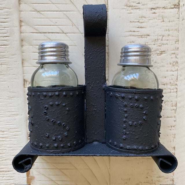 Primitive Style Punched Tin Salt and Pepper Shaker Holder