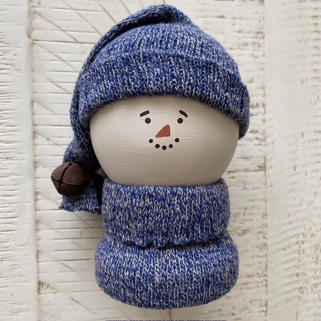 Primitive Wooden Snowman Decor with Wool Sweater and Rusty Bell, Handcrafted Country Christmas Shelf Sitter, Rustic Winter Folk Art