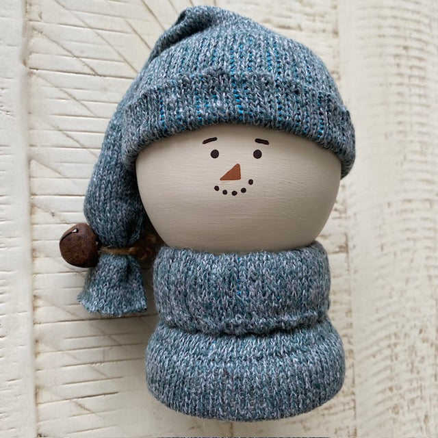 Primitive Wooden Snowman Decor with Wool Sweater and Rusty Bell, Handcrafted Country Christmas Shelf Sitter, Rustic Winter Folk Art