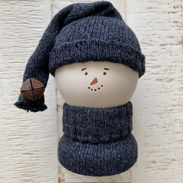 Primitive Wooden Snowman Decor with Wool Sweater and Rusty Bell, Handcrafted Country Christmas Shelf Sitter, Rustic Winter Folk Art