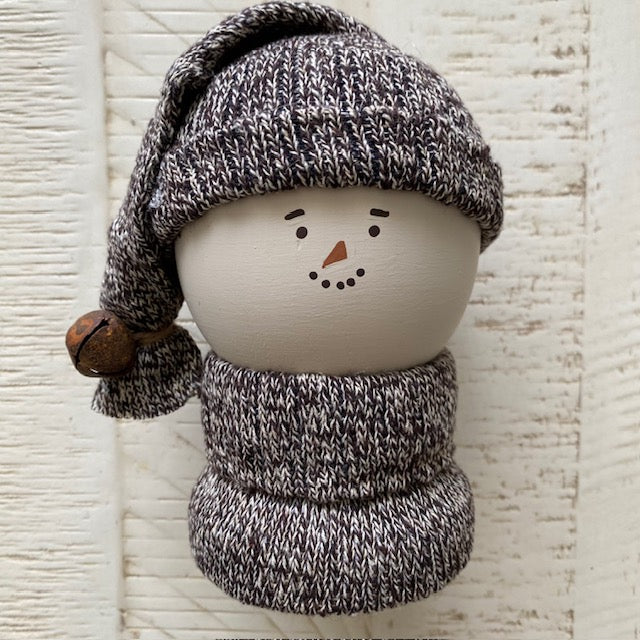 Primitive Wooden Snowman Decor with Wool Sweater and Rusty Bell, Handcrafted Country Christmas Shelf Sitter, Rustic Winter Folk Art