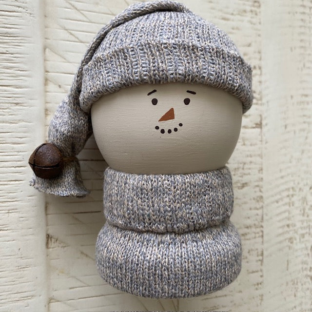 Primitive Wooden Snowman Decor with Wool Sweater and Rusty Bell, Handcrafted Country Christmas Shelf Sitter, Rustic Winter Folk Art