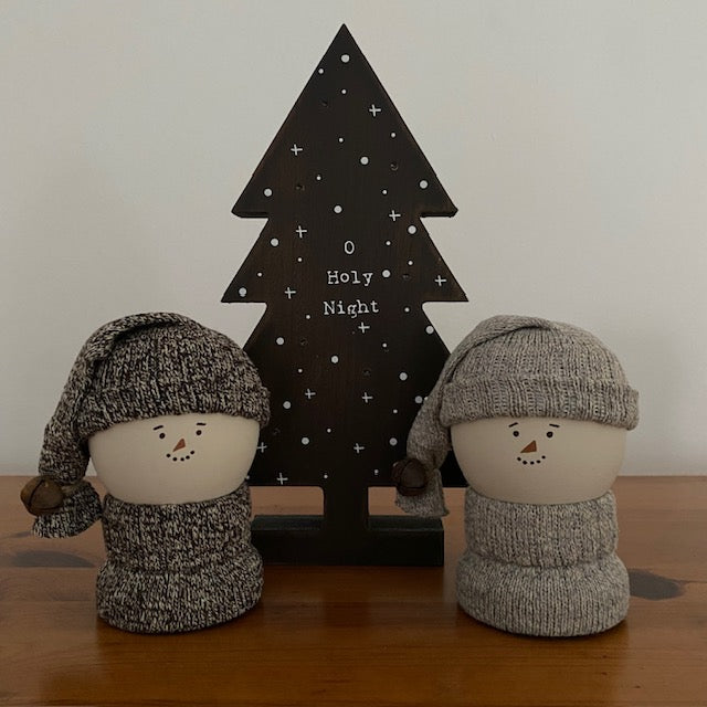 Primitive Wooden Snowman Decor with Wool Sweater and Rusty Bell, Handcrafted Country Christmas Shelf Sitter, Rustic Winter Folk Art