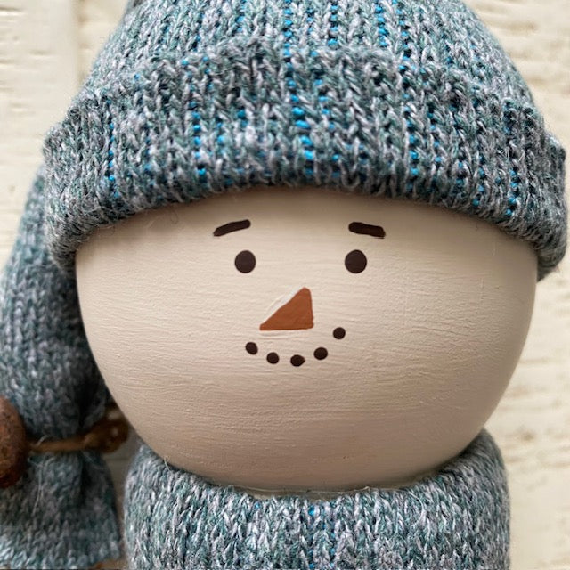 Primitive Wooden Snowman Decor with Wool Sweater and Rusty Bell, Handcrafted Country Christmas Shelf Sitter, Rustic Winter Folk Art