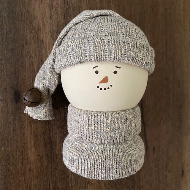 Primitive Wooden Snowman Decor with Wool Sweater and Rusty Bell, Handcrafted Country Christmas Shelf Sitter, Rustic Winter Folk Art