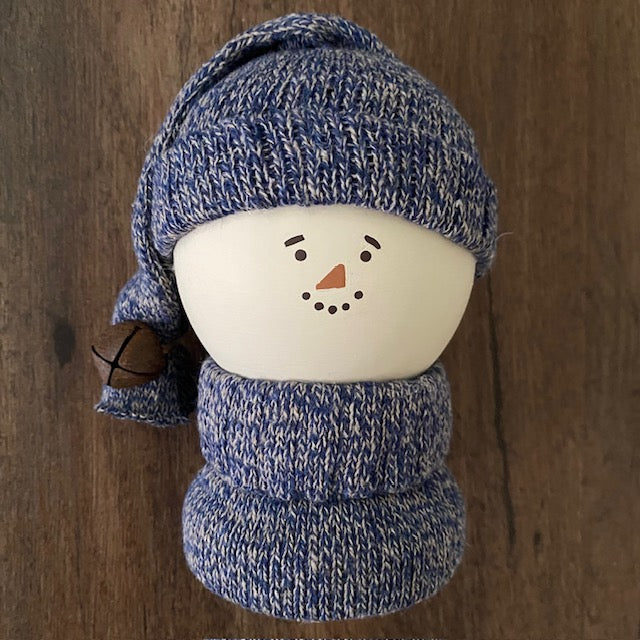 Primitive Wooden Snowman Decor with Wool Sweater and Rusty Bell, Handcrafted Country Christmas Shelf Sitter, Rustic Winter Folk Art