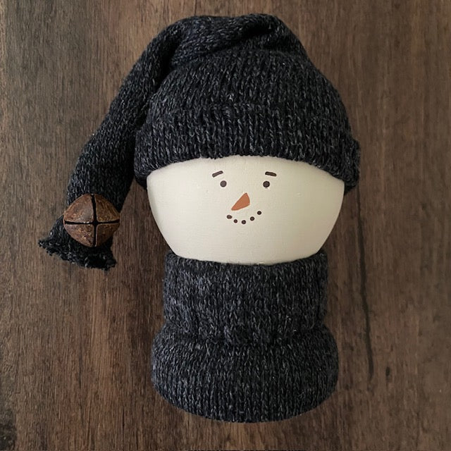 Primitive Wooden Snowman Decor with Wool Sweater and Rusty Bell, Handcrafted Country Christmas Shelf Sitter, Rustic Winter Folk Art