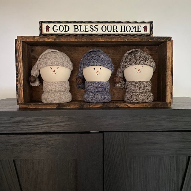 Primitive Wooden Snowman Decor with Wool Sweater and Rusty Bell, Handcrafted Country Christmas Shelf Sitter, Rustic Winter Folk Art