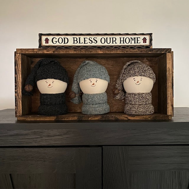 Primitive Wooden Snowman Decor with Wool Sweater and Rusty Bell, Handcrafted Country Christmas Shelf Sitter, Rustic Winter Folk Art