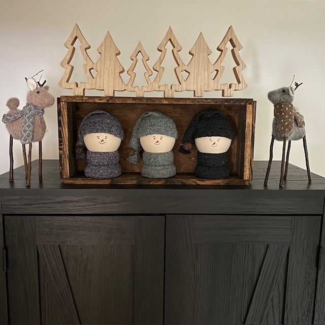 Primitive Wooden Snowman Decor with Wool Sweater and Rusty Bell, Handcrafted Country Christmas Shelf Sitter, Rustic Winter Folk Art