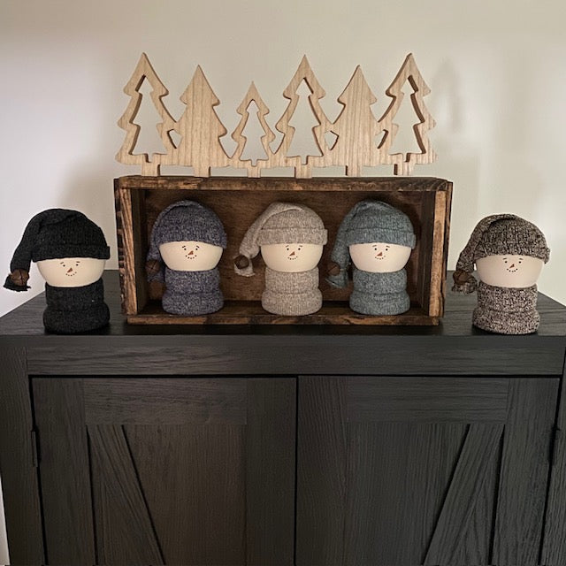 Primitive Wooden Snowman Decor with Wool Sweater and Rusty Bell, Handcrafted Country Christmas Shelf Sitter, Rustic Winter Folk Art