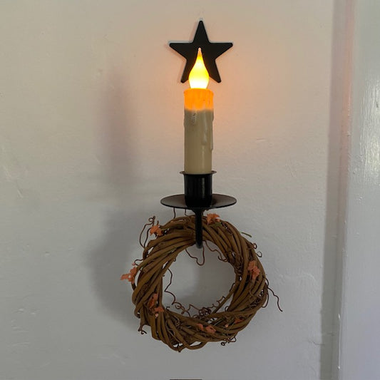 Primitive Iron Sconce Taper Candle Holder with Star Top 9"